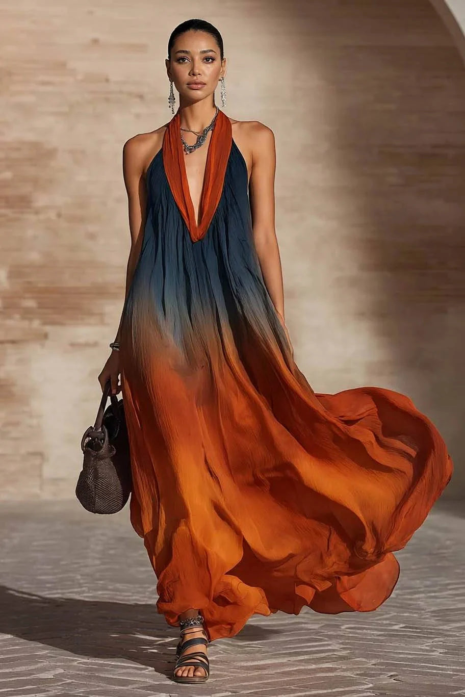 Paula | Ombre Halter & V-Neck Maxi Dress