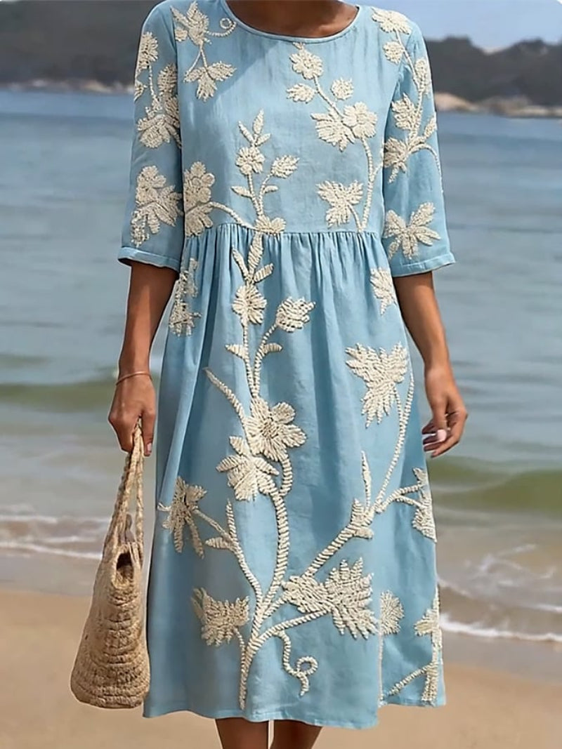 Saffron | Elegant Floral Round Neck Dress