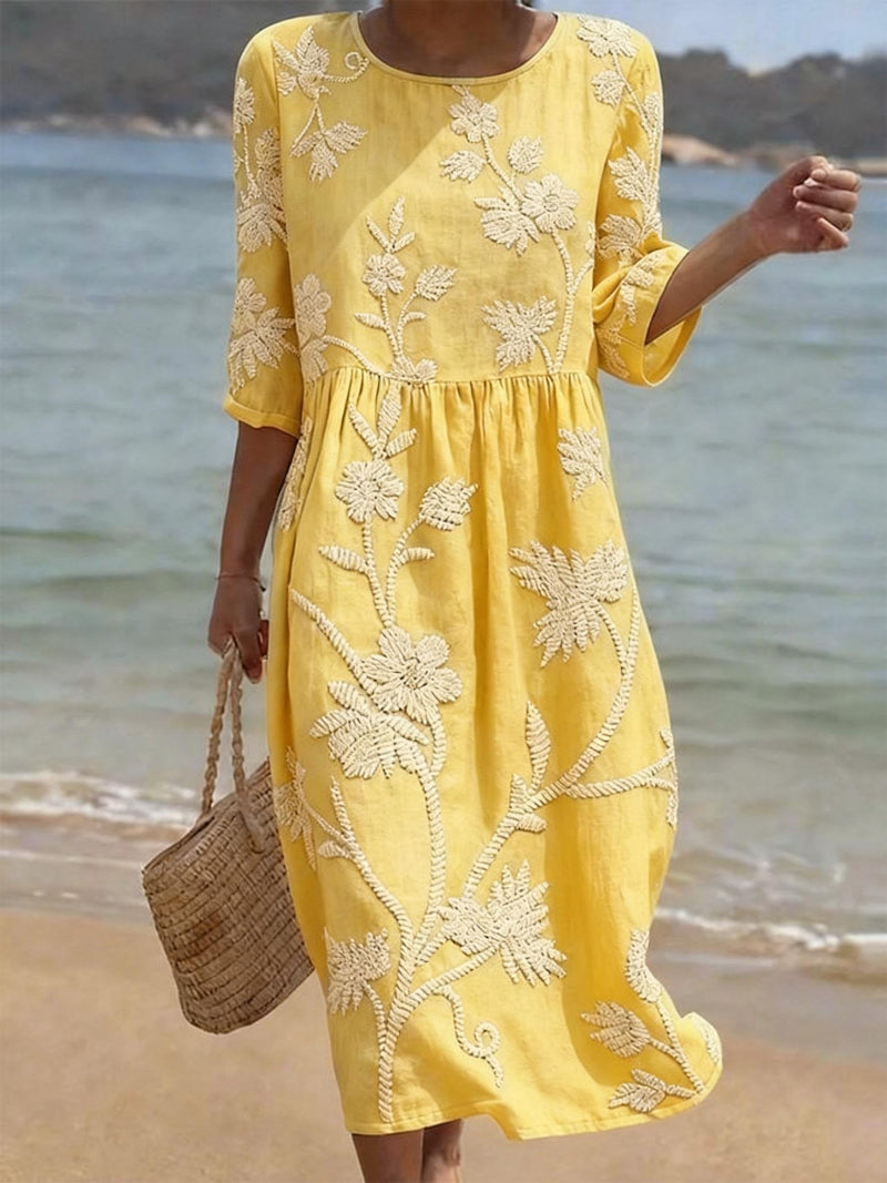 Saffron | Elegant Floral Round Neck Dress